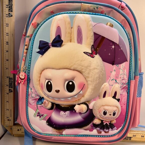 None Other - Cute Bunny Character Kids Backpack Pink Purple Umbrella and Butterfly Design